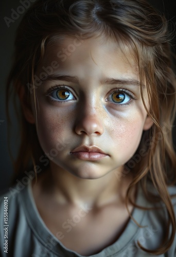 Little girl with sad eyes. Concept of child exploitation, human trafficking, fear, loneliness, hopelessness. Child abuse, violence, crime, social issue. Concept of human rights violation