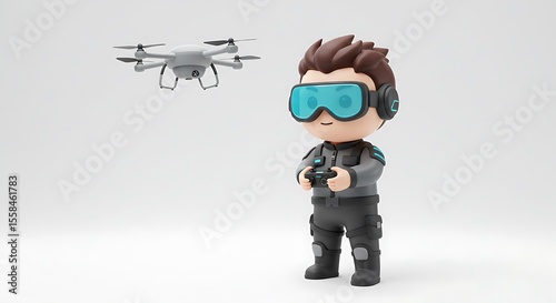 3D Render: Cartoon Boy Pilots a Drone with Controller