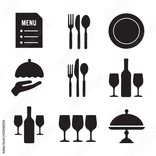 Elegant Black Silhouette Dining Icons Set Featuring Cutlery, Menu, Cloche, Wine, and Serving Elements in Grid Format.