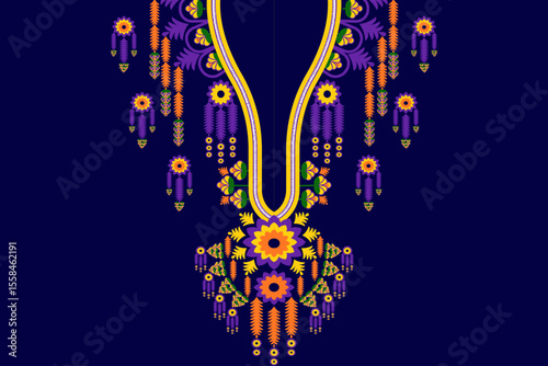 Ethnic geometry abstract floral colorful Nack embodiment on Navy blue background. Design for Neck embroidered, Neckline, Neckdesigns, Neck boho, fabric, Rustic, bohemian.