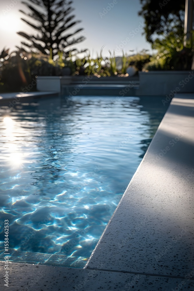 Obraz premium blue fibreglass pool, concrete terrazzo pool surround, all concrete is smooth terrazzo finish with small stones, concrete and surround is one piece, there are no tile lines