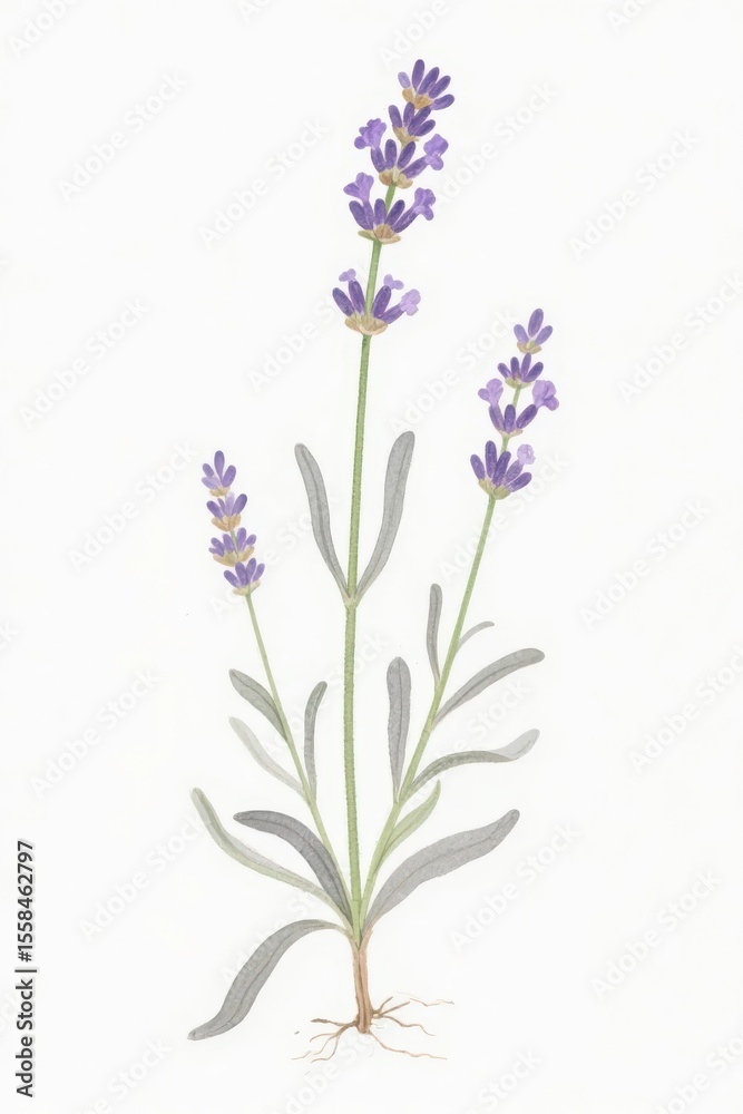Fototapeta premium Delicate Lavender Watercolor Illustration with Detailed Roots and Floral Blooms