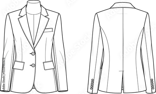 Tailored blazer jacket flat sketch, fashion CAD drawing with lapel collar, flap pockets, button closure, vector apparel illustration front and back