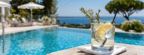 Enjoying a refreshing cocktail next to a serene pool with a stunning view of the blue sea, perfect for summer relaxation