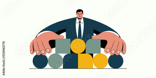 manager arranging blocks to build a new structure, vector illustration for corporate restructuring, business reorganization and asset management