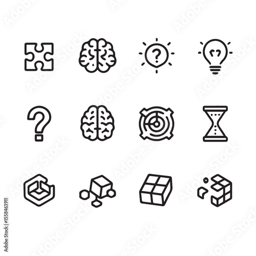 Modern Black Silhouette Icon Set Featuring Puzzle and Brain-Training Symbols in Sleek Line Style on White Background.