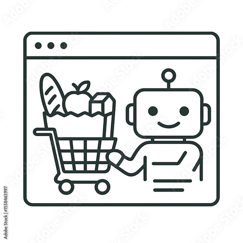 Line icon of AI assistant robot ordering groceries online through e-commerce website interface