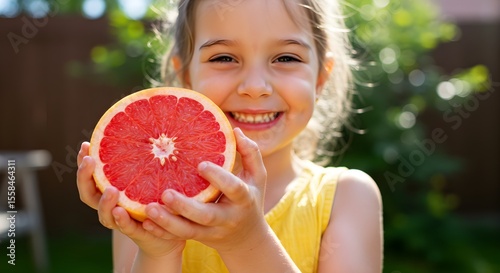 Girl eating grapefruit outdoor portrait