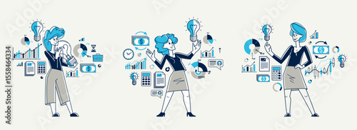 Business idea light bulb in a hands of creative successful woman entrepreneur, business person thinking and have an insight about solution and development, vector set.