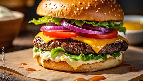 Tasty Cheeseburger with Melting Cheese and Sesame Bun