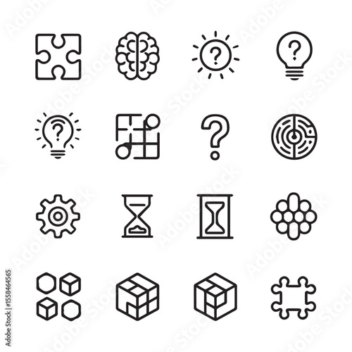 Modern Black Silhouette Icon Set Featuring Puzzle and Brain-Training Symbols in Sleek Line Style on White Background.