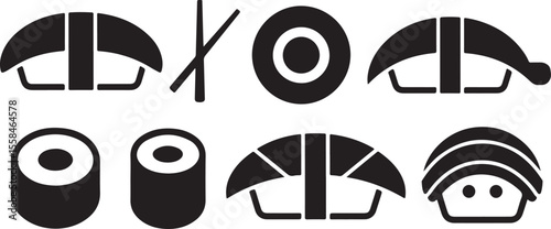 A modern, minimalist icon set uses a stylish mix of black silhouettes and line art to depict various types of sushi and dining accessories. Vector Icon Set