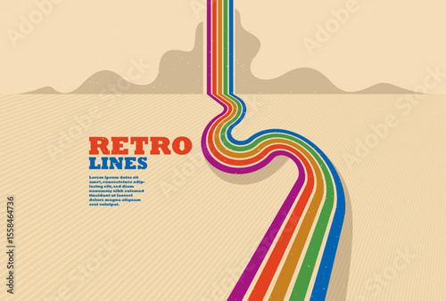 Retro style abstract background with curve lines in all colors of rainbow, 3D dimensional seventieth vector art.