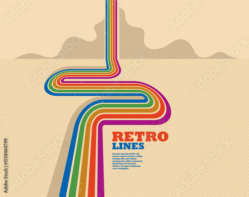 Linear vector abstract background in all colors of rainbow, retro style lines in 3D dimensional perspective, vintage poster art.