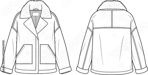 Shearling aviator jacket flat sketch, fashion CAD drawing with oversized collar, front pockets, cozy cuffs, vector apparel illustration front and back