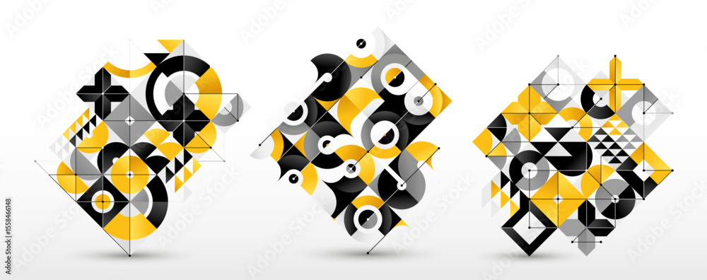 Naklejka premium Abstract Bauhaus style graphic design set, vector background with geometric elements pattern, stylish modern geometry motif, wallpaper art collection.