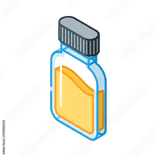 Small medicine bottle with orange liquid.