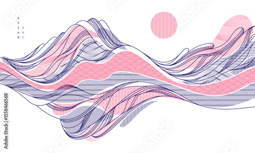 Nature art oriental Japanese style vector abstract background, runny like water shapes and lines with textures.