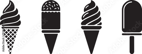 Set of ice cream silhouette icons. Popsicle, soft serve, cone desserts in black on white. Ideal for sweet snack designs and minimal summer visuals.
