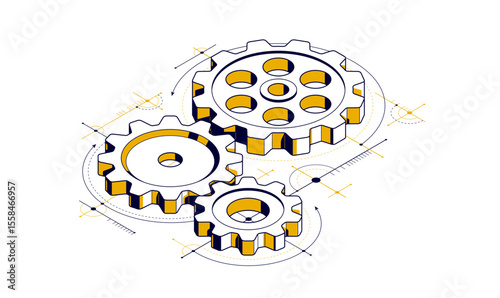 Mechanical engineering concept, gears and cogs with project drawing draft isometric 3D vector illustration, cogwheels system technology and technics machinery engine.