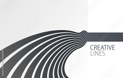 Future lines in 3D perspective vector abstract background, black and white linear composition, optical illusion op art.