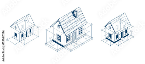 Cottage house for rest project concept set, 3D isometric vector illustration of a small house building project, countryside small house cabin in village or nature.