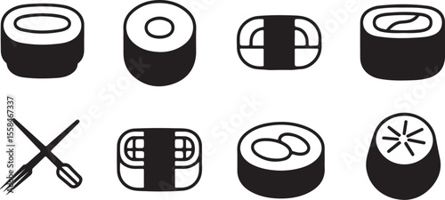 A modern, minimalist icon set uses a stylish mix of black silhouettes and line art to depict various types of sushi and dining accessories. Vector Icon Set