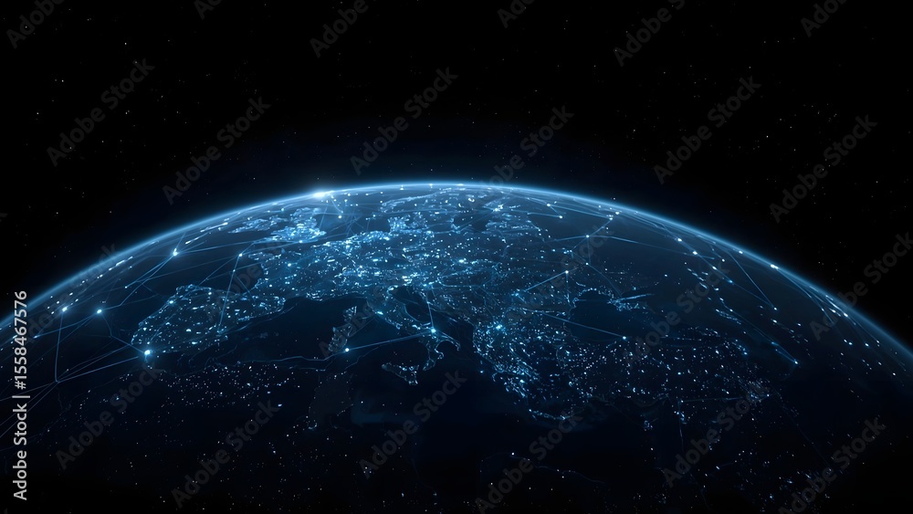 Obraz premium Europe and Global Network Connections from Space at Night - Digital Earth Visualization