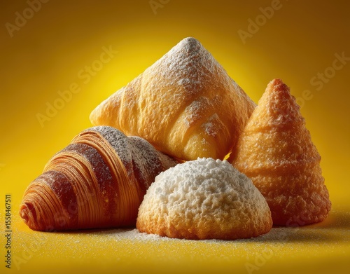 Assorted Delicious Pastries on a Bright Yellow Background, Featuring Croissants, Puff Pastry, and Sweet Treats Dusted with Sugar for a Vibrant Dessert Display