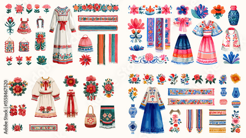 Colorful set of Eastern European folk dresses and floral patterns, including accessories and traditional motifs. Great for culture, fashion, and ethnic design themes.

