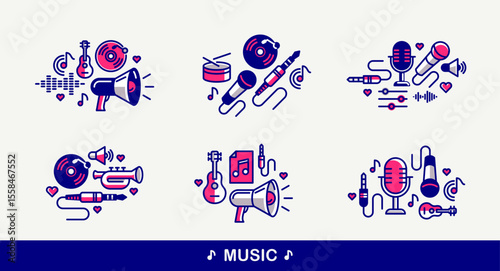 Sound producing and audio engineering vector detailed icons set, music mix and recording studio bundle, equipment and instruments.
