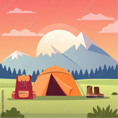Adventure landscape with tent, hiking boots, backpack, and mountain silhouette at sunrise