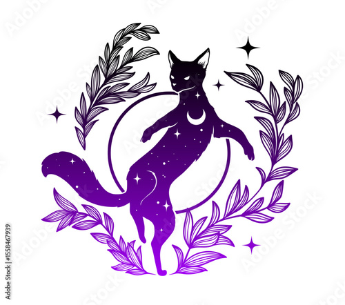 Vector illustration of a magical cat in silhouette style filled with stars, moons, and cosmic textures. Mysterious and dreamy design using deep blue, black, and violet tones.