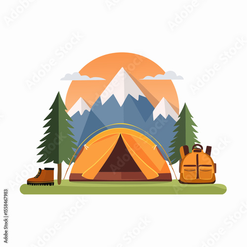 Adventure landscape with tent, hiking boots, backpack, and mountain silhouette at sunrise