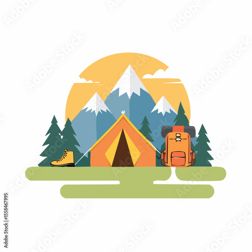 Adventure landscape with tent, hiking boots, backpack, and mountain silhouette at sunrise