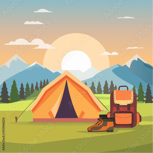Adventure landscape with tent, hiking boots, backpack, and mountain silhouette at sunrise