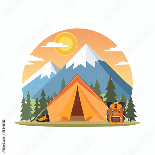 Adventure landscape with tent, hiking boots, backpack, and mountain silhouette at sunrise