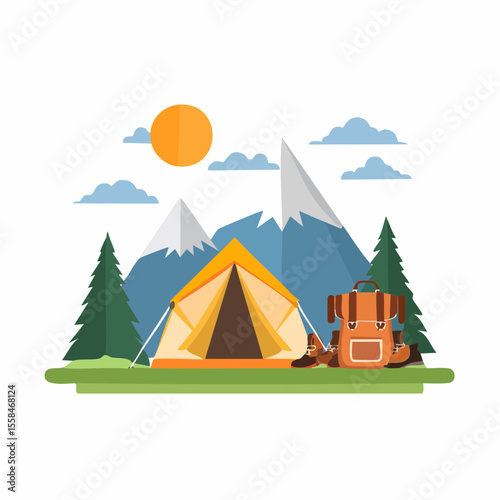 Adventure landscape with tent, hiking boots, backpack, and mountain silhouette at sunrise