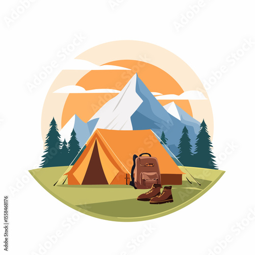 Adventure landscape with tent, hiking boots, backpack, and mountain silhouette at sunrise