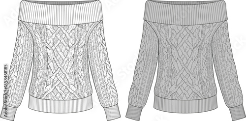 Cad drawing flat vector illustration of off shoulder cable knit sweater, front and back view, fashion technical sketch, winter top