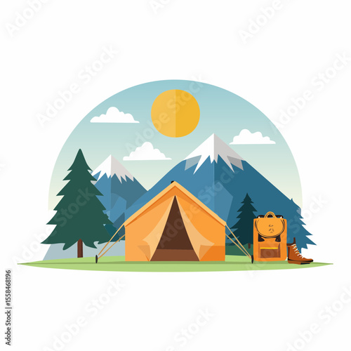 Adventure landscape with tent, hiking boots, backpack, and mountain silhouette at sunrise