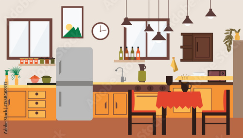 Spacious kitchen and dining room interior design flat vector