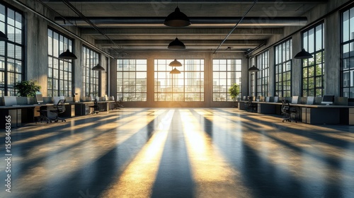 Office sunset view modern workspace interior design urban environment wide angle productivity concept