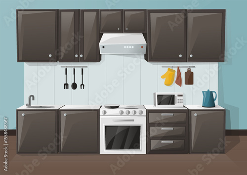 Kitchen interior design. Room with fridge, oven, microwave, sink and kettle. Cupboard furniture. 
