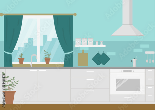 Modern cozy kitchen interior, flat style, vector graphic design template