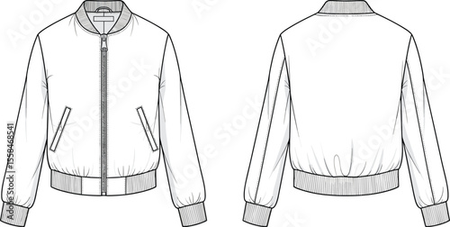 Cad drawing flat vector illustration of minimalist bomber zip-up jacket, front and back view, fashion technical sketch, clean outerwear design