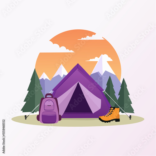 Adventure landscape with tent, hiking boots, backpack, and mountain silhouette at sunrise