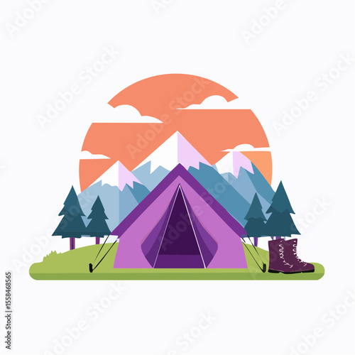 Adventure landscape with tent, hiking boots, backpack, and mountain silhouette at sunrise