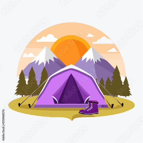 Adventure landscape with tent, hiking boots, backpack, and mountain silhouette at sunrise