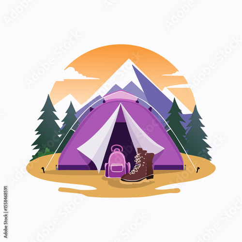 Adventure landscape with tent, hiking boots, backpack, and mountain silhouette at sunrise